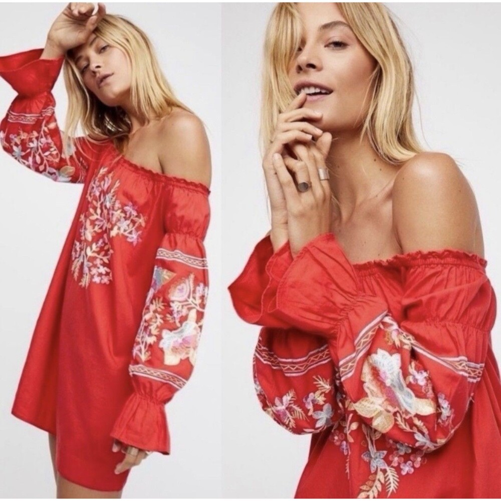 Free People Fleur Du Jour Red Floral Embroidered Off Shoulder Mini Dress Size XS